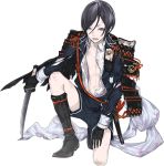  1boy armor black_gloves black_hair cape gloves ishinarimaru_shouten japanese_armor kiwame_(touken_ranbu) lowres male_focus military military_uniform official_art one_knee open_clothes open_mouth shorts sode sword tantou torn_clothes touken_ranbu uniform violet_eyes weapon yagen_toushirou 