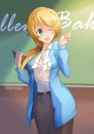  1girl blonde_hair blue_jacket breasts chalkboard character_name clipboard crow_aberdeen ellen_baker green_eyes highres jacket long_hair long_skirt low_ponytail new_horizon one_eye_closed ponytail shirt skirt smile white_shirt 