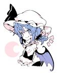 1girl alternate_hairstyle bat_wings blue_eyes blue_hair blush bow crescent fang hair_bow hat hat_ribbon looking_at_viewer low_ponytail mob_cap morino_hon portrait puffy_sleeves remilia_scarlet ribbon short_hair short_sleeves simple_background smile solo touhou white_background wings 