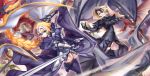  2girls armor armored_dress blonde_hair braid dual_persona fate/apocrypha fate/grand_order fate_(series) flag gauntlets headpiece jeanne_alter kousaki_rui long_hair multiple_girls ruler_(fate/apocrypha) ruler_(fate/grand_order) single_braid sword thigh-highs violet_eyes weapon yellow_eyes 