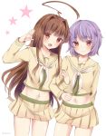  2girls :3 :d ahoge alternate_costume bangs brown_eyes brown_hair closed_mouth cosplay fang highres kantai_collection kuma_(kantai_collection) long_hair long_sleeves masakazu_(coccinellee) multiple_girls navel open_mouth pleated_skirt purple_hair short_hair skirt smile tama_(kantai_collection) 