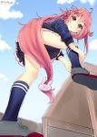  1girl :o adjusting_clothes adjusting_legwear ahoge bunny_hair_ornament clouds crescent crescent_hair_ornament eyebrows eyebrows_visible_through_hair from_below hair_censor hair_ornament kantai_collection long_hair looking_at_viewer messy_hair nayuhi_(yukimuu14) open_mouth pink_hair red_eyes shoes sketch skirt sky socks solo twitter_username uzuki_(kantai_collection) 