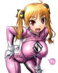  1girl amania_orz bakuon!! bell bent_over blonde_hair bodysuit breasts covered_nipples hair_bell hair_ornament large_breasts solo suzunoki_rin twintails 