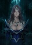  1girl armor armored_dress arms_at_sides bare_shoulders blue_dress blue_eyes breasts bush cleavage cowboy_shot crescent defense_of_the_ancients detached_sleeves dota_2 dress dripping expressionless forest headpiece highres instant_ip jewelry large_breasts lips long_hair long_sleeves looking_at_viewer nature necklace pendant plant rain shoulder_pads signature solo tattoo teeth water wet wet_clothes wet_dress wet_hair 
