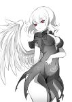 1girl breasts cleavage covered_navel dress highres kishin_sagume large_breasts monochrome pointy_ears raptor7 red_eyes short_hair simple_background single_wing solo spot_color touhou white_background wings 