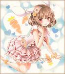  1girl adapted_costume animal_ears anklet barefoot blush border bracelet brown_hair carrot colored_pencil_(medium) eyelashes flower frilled_skirt frills gradient gradient_background hair_flower hair_ornament heart inaba_tewi jewelry kneeling layered_skirt looking_at_viewer marker_(medium) open_mouth potto_(minntochan) rabbit_ears red_eyes ribbon sample short_hair short_sleeves skirt solo touhou traditional_media 