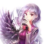  1girl bangs blush bow bowtie covering_mouth eyebrows eyebrows_visible_through_hair fan feathered_wings jacket kishin_sagume long_sleeves looking_at_viewer mechanical_wings minust open_clothes open_jacket red_eyes short_hair silver_hair simple_background single_wing solo touhou upper_body white_background wings 