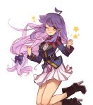  1girl ;) ahoge belt blush boots bow brown_eyes concrete_revolutio hair_bow high_heels hoshino_kikko jacket jumping legs_up liangchanxingmingrixiang lips lipstick long_hair long_sleeves looking_at_viewer low-tied_long_hair makeup one_eye_closed purple_hair shiny shiny_hair sidelocks skirt smile solo star uniform very_long_hair 