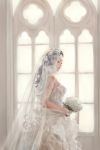  1girl bare_shoulders bouquet bridal_veil bride dress flower highres jian_huang original profile solo veil wedding_dress 