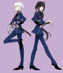  2boys ahoge androgynous armor black_hair cojimama highres honebami_toushirou japanese_armor long_hair male_focus military military_uniform multiple_boys namazuo_toushirou necktie ponytail sword touken_ranbu uniform wakizashi weapon white_hair 