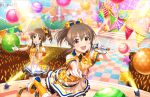  2girls bangs belt blush boots bow brown_hair curly_hair gloves hori_yuuko idolmaster idolmaster_cinderella_girls idolmaster_cinderella_girls_starlight_stage long_hair looking_at_viewer microphone multiple_girls musical_note necktie official_art open_mouth ponytail singing skirt smile star takamori_aiko 