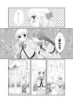  2girls blush comic glasses greyscale hair_ribbon long_hair long_sleeves mikawa_miso monochrome multiple_girls original pleated_skirt ribbon school_uniform skirt translation_request twintails 