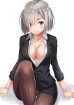  1girl alternate_costume blue_eyes blush breasts brown_legwear buttons cleavage closed_mouth collarbone collared_shirt dress_shirt formal hair_ornament hair_over_one_eye hairclip hamakaze_(kantai_collection) kantai_collection knee_up large_breasts long_sleeves sakiyamama shirt short_hair silver_hair sitting sleeve_cuffs smile suit unbuttoned 