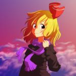  1girl :3 alternate_costume blonde_hair cato_(monocatienus) clouds dusk hair_ribbon looking_at_viewer red_eyes ribbon rumia scarf short_hair sky smile solo star_(sky) sweater touhou upper_body 