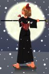  1girl :d alternate_costume ass barefoot_sandals blonde_hair cato_(monocatienus) from_behind full_body full_moon hair_ribbon highres japanese_clothes katana looking_at_viewer looking_back moon open_mouth red_eyes ribbon rumia sandals sheath sheathed short_hair smile snow snowing solo sword touhou weapon 
