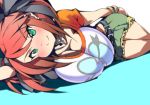  1girl belt breasts cleavage cross green_eyes large_breasts looking_at_viewer lying on_side redhead short_hair shorts smile solo thighs yoru_ha 