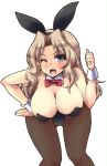  1girl alternate_costume animal_ears black_legwear blonde_hair blue_eyes bow bowtie breasts bunnysuit cleavage detached_collar fishnet_pantyhose fishnets girls_und_panzer kay_(girls_und_panzer) large_breasts long_hair one_eye_closed open_mouth pantyhose shinshin smile solo wrist_cuffs 
