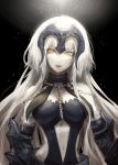  1girl armor bangs black_background blonde_hair breasts chain eyebrows eyebrows_visible_through_hair fate/grand_order fate_(series) gauntlets headpiece jeanne_alter light_particles long_hair looking_at_viewer navel navel_cutout pale_skin parted_lips rokuri-eva ruler_(fate/grand_order) solo upper_body white_hair 
