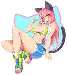  1girl animal_ears breasts cat_ears cat_tail cleavage highres long_hair looking_at_viewer navel pink_hair popsicle red_eyes slugbox solo tail 