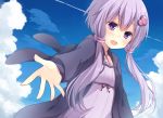  1girl animal_hood bunny_hood clouds cloudy_sky dress hair_ornament highres hood hood_down hoodie komomo_(ptkrx) looking_at_viewer open_clothes open_hoodie open_mouth outstretched_arm purple_dress purple_hair sky smile solo strapless strapless_dress tube_dress twintails violet_eyes vocaloid voiceroid yuzuki_yukari 