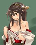  1girl black_hair brown_eyes hairband haruna_(kantai_collection) japanese_clothes kantai_collection long_hair nontraditional_miko undressing yasu_(yossy) 