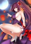  1girl absurdres ass breasts china_dress chinese_clothes dress fate/grand_order fate_(series) flower full_moon gae_bolg hair_flower hair_ornament high_heels highres large_breasts long_hair moon panties ponytail purple_hair red_eyes sam_(metalibon) scathach_(fate/grand_order) side_slit sideboob solo squatting underwear very_long_hair white_panties 