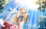 1girl artist_request bangs bell blonde_hair blue_sky breasts cape chorister church clarice_(idolmaster) cleavage closed_eyes feathers hair_ornament idolmaster idolmaster_cinderella_girls idolmaster_cinderella_girls_starlight_stage jewelry long_hair official_art open_mouth singing sky sunlight tree 