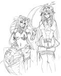  2girls alternate_costume apophis_(monster_girl_encyclopedia) armlet barbariank bare_shoulders black_sclera blush bracelet breasts collar diadem earrings egyptian embarrassed enmaided fingernails frown hair_tubes highres jewelry lamia large_breasts leash lip_piercing long_fingernails long_hair looking_away maid monochrome monster_girl monster_girl_encyclopedia multiple_girls navel_piercing petting pharaoh_(monster_girl_encyclopedia) piercing pointy_ears puffy_short_sleeves puffy_sleeves short_sleeves simple_background sitting sweatdrop throne tray wrist_cuffs 