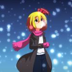  1girl alternate_costume blonde_hair breath cato_(monocatienus) coat cowboy_shot hair_ribbon looking_away mittens open_mouth pants red_eyes ribbon rumia scarf short_hair snow snowing solo touhou winter_clothes 