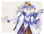  2boys blue_eyes blue_hair blue_rose crown dual_persona flower happy_birthday kaito male_focus mibu_(1064493753) multiple_boys musical_note one_eye_closed open_mouth rose scarf single_wing smile vocaloid wings 