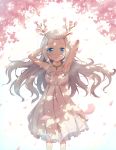  1girl :&lt; armpits arms_behind_head arms_up blue_eyes cherry_blossoms dress flower highres horns long_hair original petals pointy_ears shadow silver_hair sleeveless sleeveless_dress solo sundress very_long_hair white_background white_dress wind 