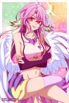  1girl angel_wings breasts bridal_gauntlets crop_top feathered_wings gloves halo jibril_(no_game_no_life) long_hair low_wings magic_circle midriff multicolored_eyes navel no_game_no_life orange_eyes pink_hair sideboob smile solo tattoo ten-chan_(eternal_s) thigh-highs very_long_hair violet_eyes white_wings wing_ears wings yellow_eyes 