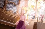  1girl ^_^ artist_request blonde_hair blouse bow brooch church clarice_(idolmaster) closed_eyes frills idolmaster idolmaster_cinderella_girls idolmaster_cinderella_girls_starlight_stage indoors instrument jewelry long_hair official_art organ pipe_organ skirt smile solo stained_glass sunlight 