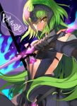  1girl bare_shoulders c.c. code_geass creayus fate/grand_order fate_(series) green_hair jeanne_alter jeanne_alter_(cosplay) long_hair ruler_(fate/grand_order) solo sword text translated weapon yellow_eyes 