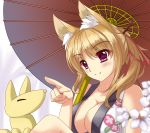  1girl animal animal_ears blonde_hair blush breasts cleavage dog_days fox_ears hair_ribbon japanese_clothes oriental_umbrella ponytail ribbon sheita smile umbrella violet_eyes yukikaze_panettone 