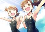  2girls brown_eyes brown_hair competition_school_swimsuit ek_masato futami_ami futami_mami hair_bobbles hair_ornament idolmaster long_hair multiple_girls one_eye_closed open_mouth school_swimsuit short_hair siblings side_ponytail sisters swimsuit twins 