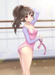  1girl adjusting_hair ass ballerina bare_legs blush breasts brown_hair cleavage long_hair looking_at_viewer open_mouth original pink_eyes pink_ribbon ponytail puky ribbon solo standing 