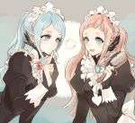  2girls alternate_hairstyle apron blue_eyes blue_hair felicia_(fire_emblem_if) fire_emblem fire_emblem_if flora_(fire_emblem_if) iriya_(lonesome) long_hair maid maid_apron maid_headdress multiple_girls nintendo open_mouth pink_hair ponytail simple_background smile twintails 