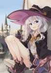  1girl azuuru_(azure0608) bare_legs blue_eyes blush broom building castle cloak clouds commentary_request fantasy hat highres long_hair looking_at_viewer messy_hair open_mouth original outdoors pointy_shoes shirt shoes silver_hair sitting skirt sky smile solo tower white_shirt witch witch_hat 