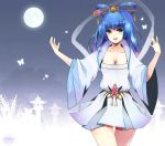  1girl adapted_costume alternate_costume artist_name ayakohi blue_hair blush breasts butterfly cleavage dress flower full_moon gradient gradient_background green_eyes hair_ornament hair_rings hair_stick highres kaku_seiga long_hair long_sleeves looking_at_viewer moon night night_sky open_mouth shawl short_dress sky smile solo star_(sky) string touhou wide_sleeves 
