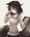  1girl animal_ears blouse brown_eyes brown_hair collarbone fangs futatsuiwa_mamizou glasses glasses_removed highres hisona_(suaritesumi) long_sleeves one_eye_closed open_mouth raccoon_ears raccoon_tail round_glasses rubbing_eyes short_hair sleepy solo tail tears touhou white_blouse 