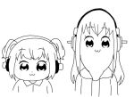  2girls :3 bkub_(style) greyscale headphones long_hair looking_at_viewer monochrome morisoba_(silent_hill) multiple_girls nitroplus parody poptepipic short_hair simple_background style_parody super_pochaco super_sonico twintails 
