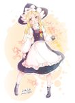  1girl apron black_shoes blonde_hair boots bow braid frilled_skirt frills furim hair_bow hat hat_bow highres kirisame_marisa long_sleeves mini-hakkero open_mouth puffy_sleeves red_ribbon ribbon shoes side_braid single_braid sketch skirt socks solo touhou waist_apron witch_hat yellow_eyes 