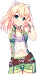  1girl animal_ears arm_behind_back bare_arms belly belt blonde_hair blush cat_ears collar extra_ears eyebrows eyebrows_visible_through_hair flower_ornament green_eyes green_shorts hand_in_hair head_tilt hyanna-natsu looking_at_viewer midriff multiple_belts navel open_clothes original pointy_ears shirt simple_background smile solo thigh_gap transparent_background vest wristband 
