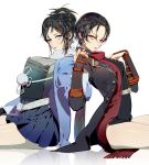  2girls arched_back armor back-to-back bangs belt black_hair black_jacket blue_eyes blue_skirt breastplate breasts brown_hair buckle earrings emje_(uncover) eyelashes fringe from_side genderswap genderswap_(mtf) hair_between_eyes hakama_skirt hand_on_own_chest haori high_ponytail highres holding_hands interlocked_fingers jacket japanese_armor japanese_clothes jewelry kashuu_kiyomitsu kote kurokote large_breasts leaning_back long_hair looking_at_viewer miniskirt mole mole_under_eye multiple_girls open_clothes open_jacket parted_lips ponytail red_eyes red_lips red_scarf reflection scarf simple_background skirt swept_bangs touken_ranbu white_background white_scarf wide_sleeves yamato-no-kami_yasusada 