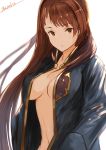 1girl absurdres beatrix_(granblue_fantasy) blush breasts brown_eyes brown_hair cleavage granblue_fantasy hands_in_pockets highres large_breasts long_hair looking_at_viewer navel no_bra open_clothes open_mouth open_shirt shirt solo yatsuka_(846) 