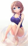  1girl artist_request barefoot big_breasts blue_eyes blush brown_hair female love_live!_school_idol_project love_live!_sunshine!! short_hair smile solo source_request swimsuit watanabe_you 