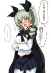  1girl anchovy belt black_necktie black_skirt blush breast_hold breasts cape commentary_request contrapposto cowboy_shot drill_hair emblem girls_und_panzer green_hair hair_ribbon long_hair long_sleeves looking_at_viewer miniskirt necktie nose_blush open_mouth pantyhose pleated_skirt poshi_(ginmokusei) red_eyes ribbon school_uniform shirt skirt solo sweat translation_request tsurime twin_drills twintails white_legwear white_shirt 