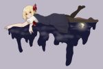  1girl ascot blonde_hair collared_shirt colored_eyelashes darkness grey_background hair_ribbon hiedanotsukai highres looking_at_viewer lying moon night night_sky no_shoes on_stomach pantyhose red_eyes ribbon rumia shirt short_hair skirt skirt_set sky smile solo splatter touhou vest 