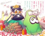  +_+ ... 1girl aori_(splatoon) black_hair blue_dress blush bow bread domino_mask dress earrings food hat jewelry ketchup ketchup_bottle kirby kirby_(series) looking_at_viewer super_mario_bros. mask master_sword n_kamui pirate_hat pointy_ears red_hat salad sandwich solo splatoon spoken_ellipsis squid_pillow super_mario_bros. tentacle_hair text the_legend_of_zelda tiara translation_request twintails white_bow yellow_eyes 